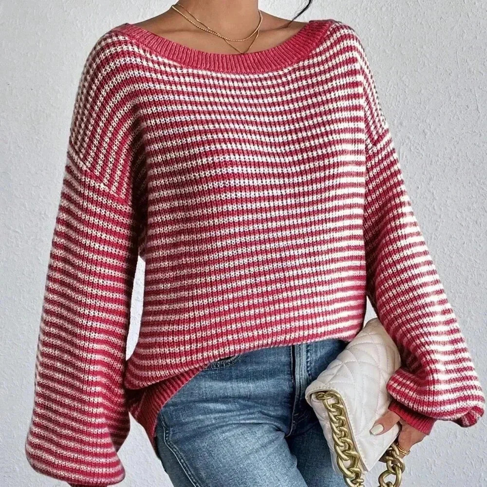 Pink Casual Women's Striped Printed Turtleneck Pullover Sweater